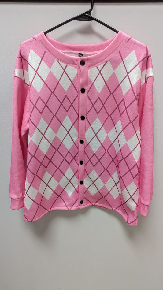 Pink/White Diamond Pattern Button-Down Sweater