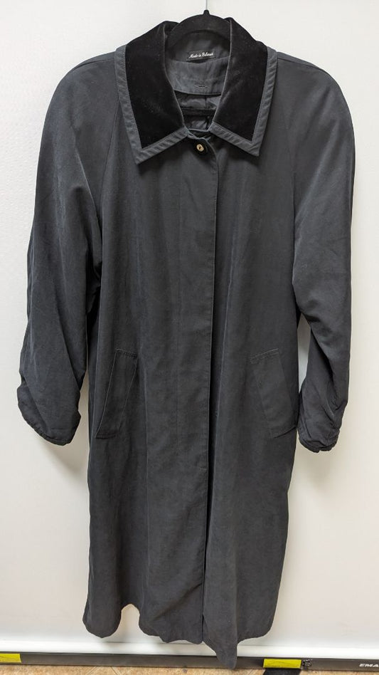 Black Vintage Velvet-Collar Button-Down Trench Coat