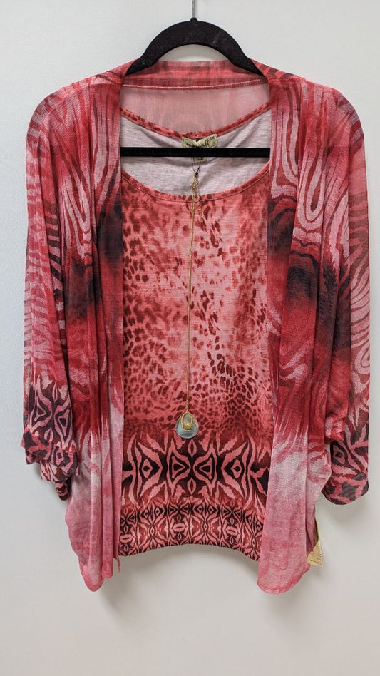 One World Red Mixed Print Combo Blouse & Cardigan with Necklace