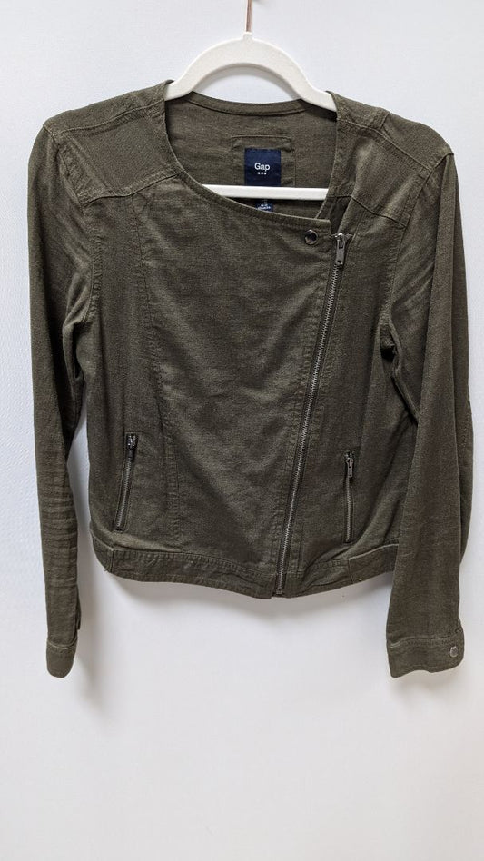 Gap Dark Green Cropped Linen Moto Jacket