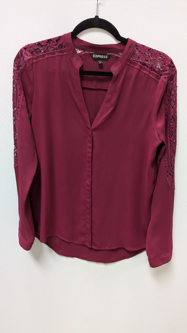 Express Burgundy Lace-Sleeve Button-Down Blouse