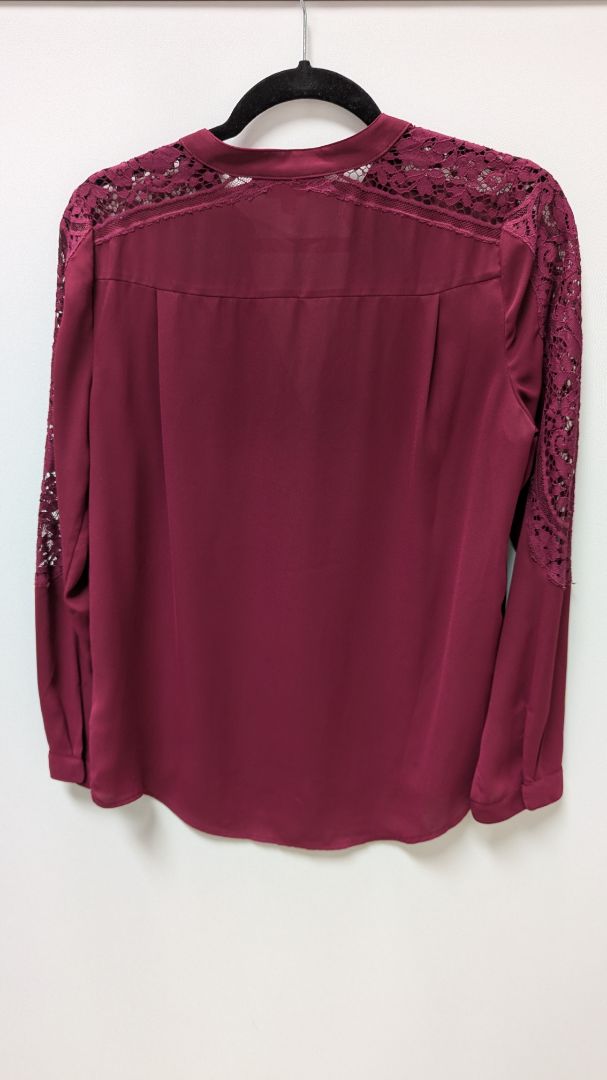 Express Burgundy Lace-Sleeve Button-Down Blouse