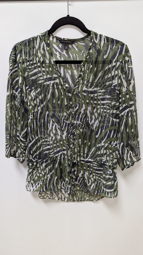 Banana Republic Green Printed Drawstring Waist Blouse