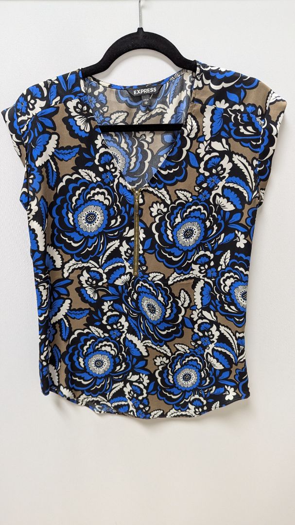 Express Blue/Brown Floral Zippered Blouse