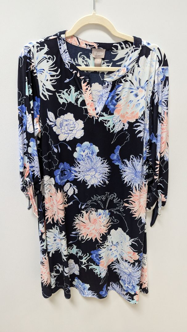 Chico's Navy Floral Tie-Sleeve Sheath Dress