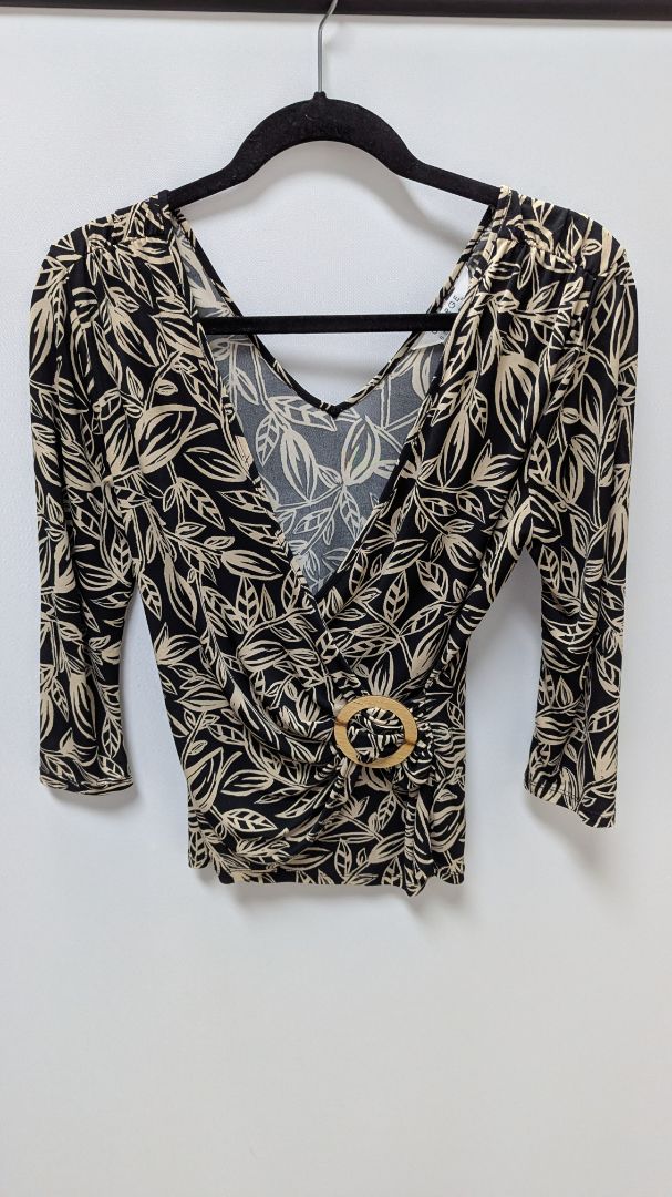 George Stretch Black/Light Brown Leaf Print Faux-Wrap Blouse