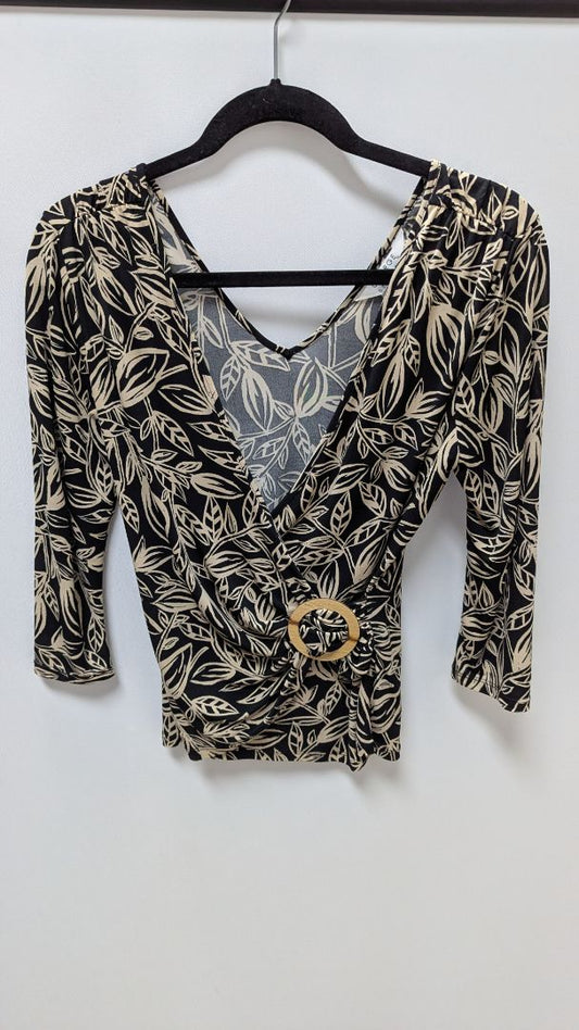 George Stretch Black/Light Brown Leaf Print Faux-Wrap Blouse