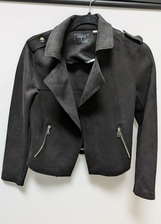 Tahari Black/Silver Faux-Suede Moto Jacket