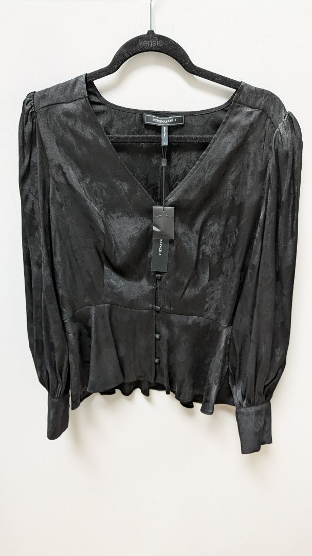 BCBGMAXAZRIA Black Textured Satin Button-Down Blouse
