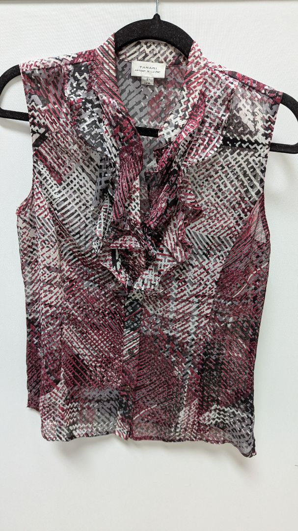 Tahari Wine Red/Black/White Sheer Printed Blouse