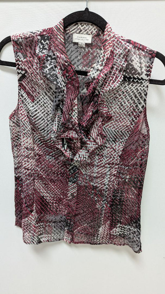 Tahari Wine Red/Black/White Sheer Printed Blouse