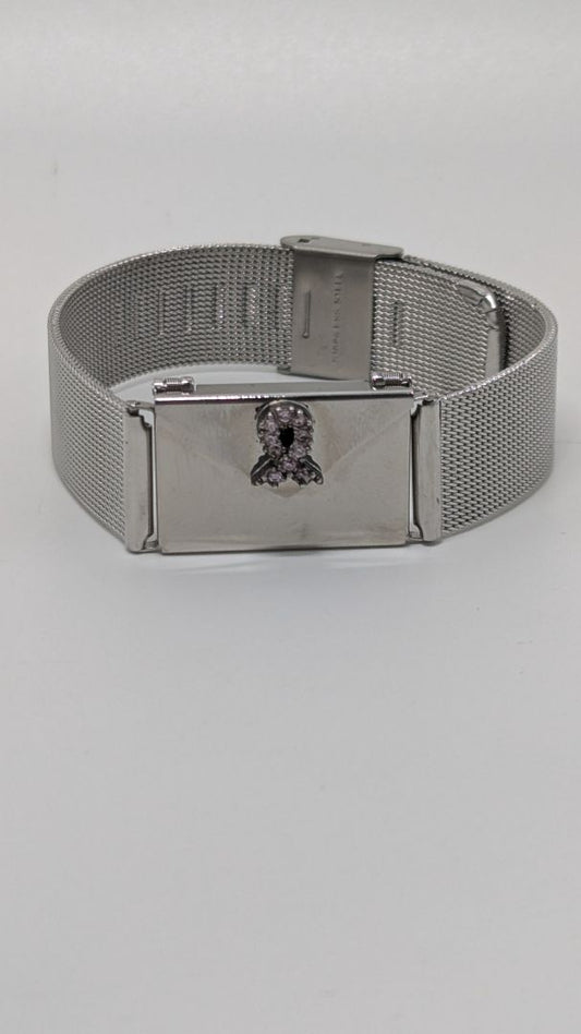 Connextion Silver Breast Cancer Ribbon Stainless Steel Bracelet