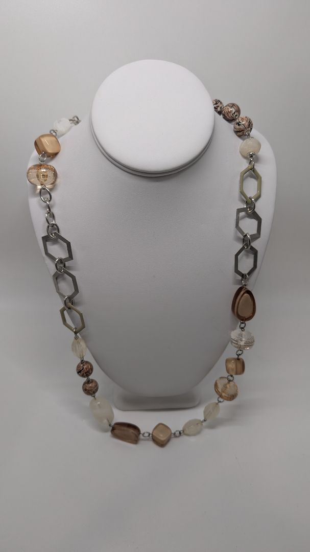 NY Silver/Brown Beaded & Chain Longline Necklace