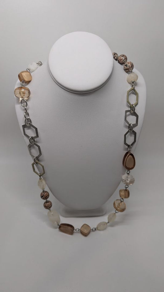 NY Silver/Brown Beaded & Chain Longline Necklace