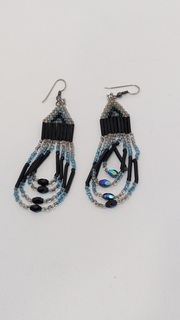 Black/Blue Beaded Fringed Dangle Earrings