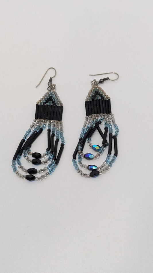 Black/Blue Beaded Fringed Dangle Earrings