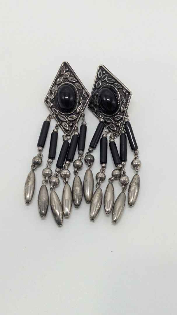 Silver/Black Triangular Beaded Chandelier Dangle Earrings