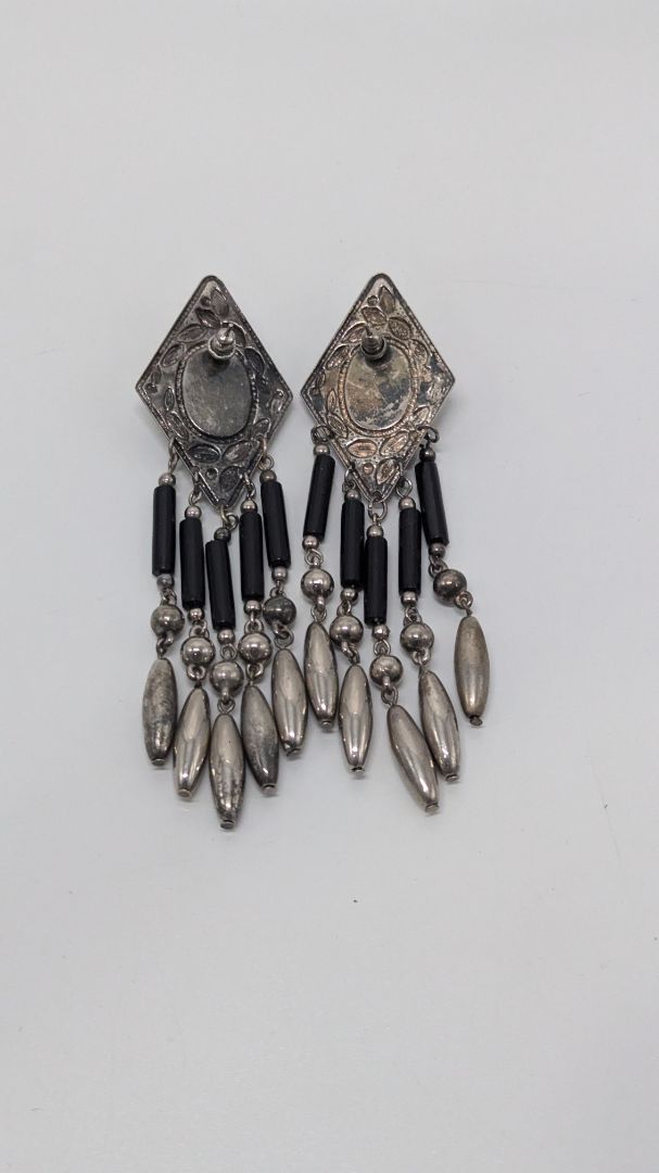 Silver/Black Triangular Beaded Chandelier Dangle Earrings