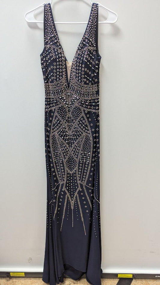 XSCAPE Navy/Silver Beaded Formal Gown