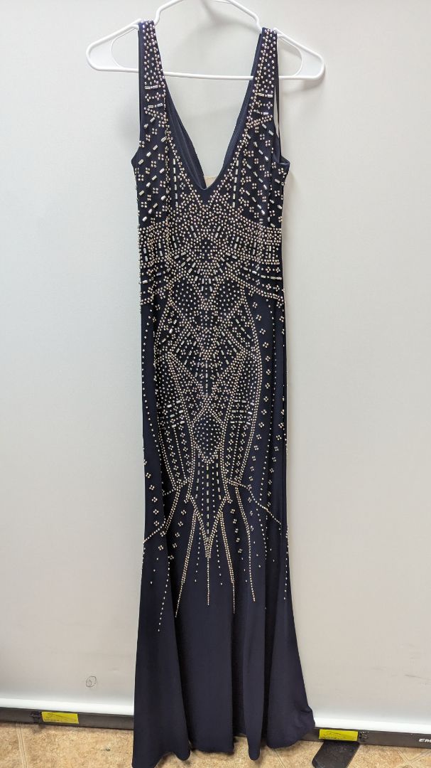 XSCAPE Navy/Silver Beaded Formal Gown