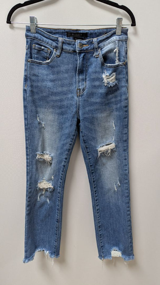 RISEN Medium Wash High-Rise Distressed Straight Jeans