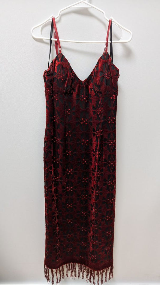 muse Red/Black Vintage Velvet Tassel Fringe Dress & Shawl Set