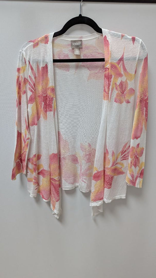 Chico's White/Pink Floral Open-Front Cardigan