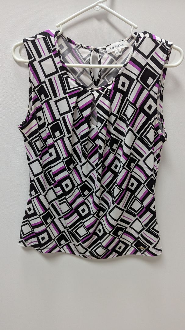 Calvin Klein White/Black/Purple Printed Sleeveless Blouse
