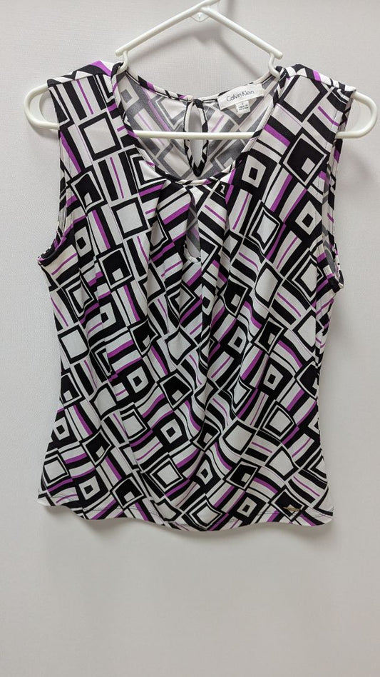 Calvin Klein White/Black/Purple Printed Sleeveless Blouse