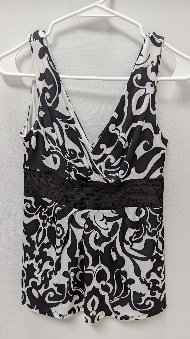 Cache Black/White Printed Sleeveless Babydoll Blouse