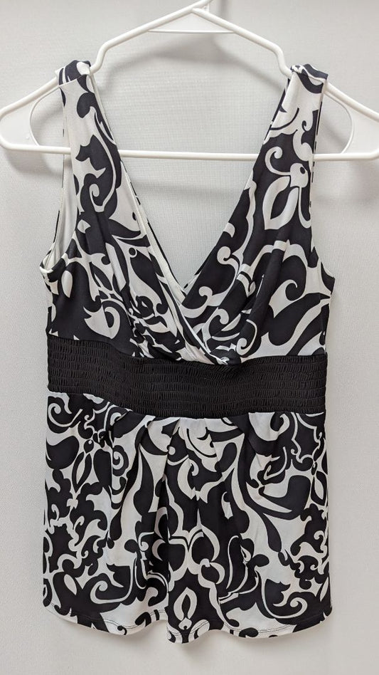 Cache Black/White Printed Sleeveless Babydoll Blouse