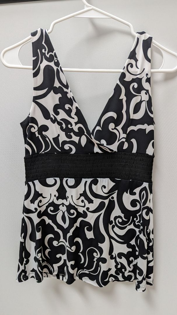 Cache Black/White Printed Sleeveless Babydoll Blouse