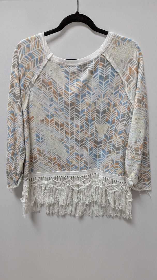 Free People White Printed Fringe Sweater