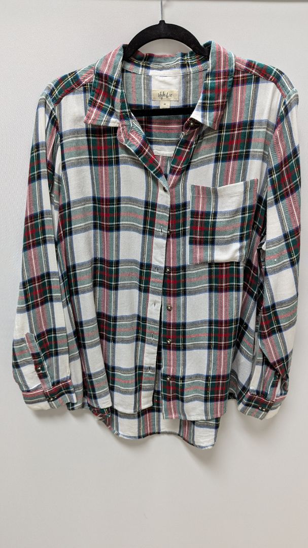 Style & Co White/Red/Green Plaid Button-Down Blouse