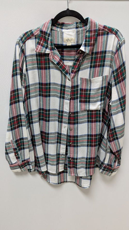 Style & Co White/Red/Green Plaid Button-Down Blouse