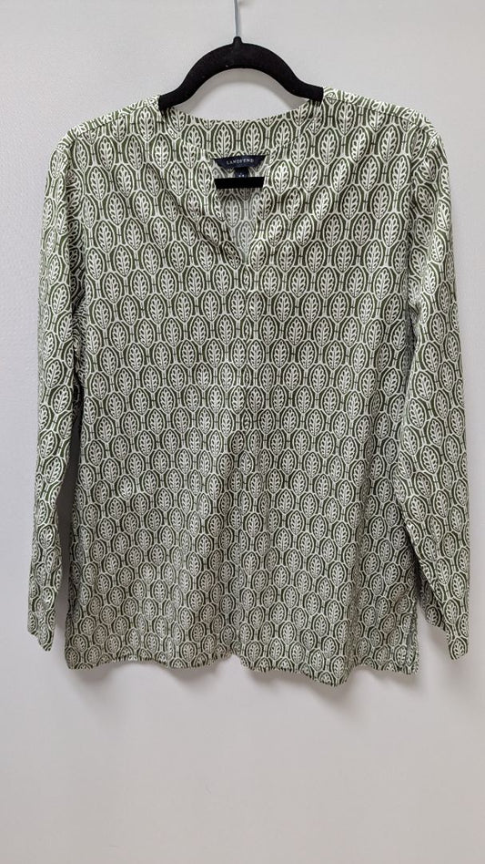 Lands' End Green/White Leaf Print Blouse