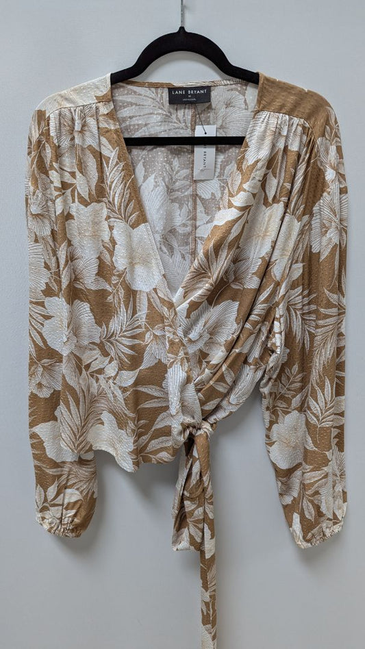 Lane Bryant Light Brown/Ivory Floral Print Wrap Blouse
