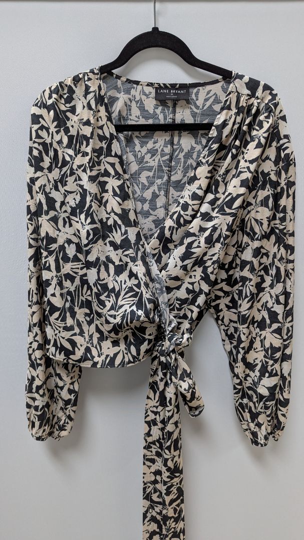 Lane Bryant Black/Beige Floral Print Wrap Blouse