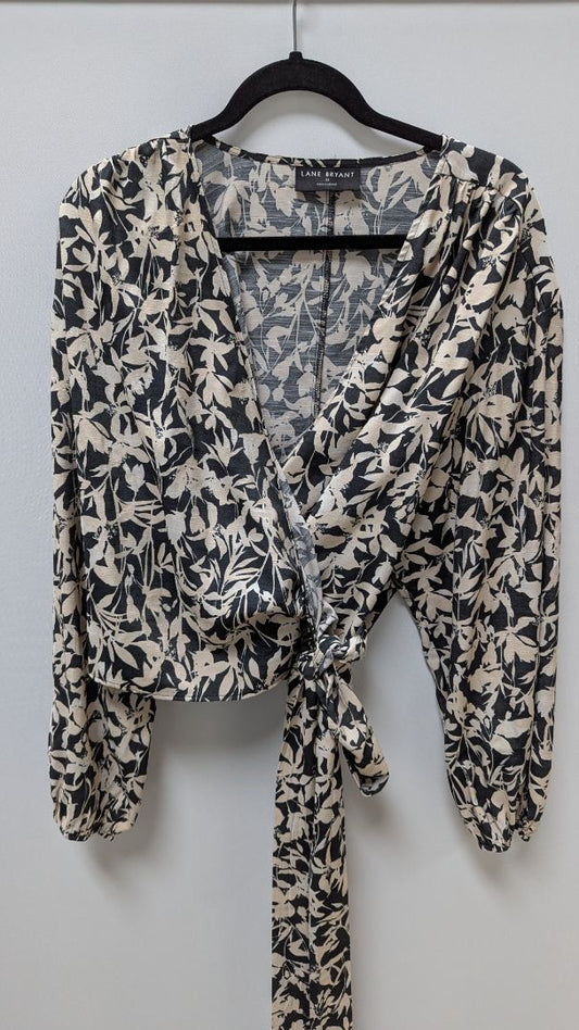 Lane Bryant Black/Beige Floral Print Wrap Blouse