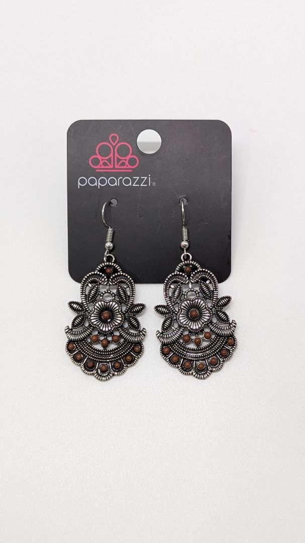 Paparazzi Silver/Brown Textured Floral Earrings