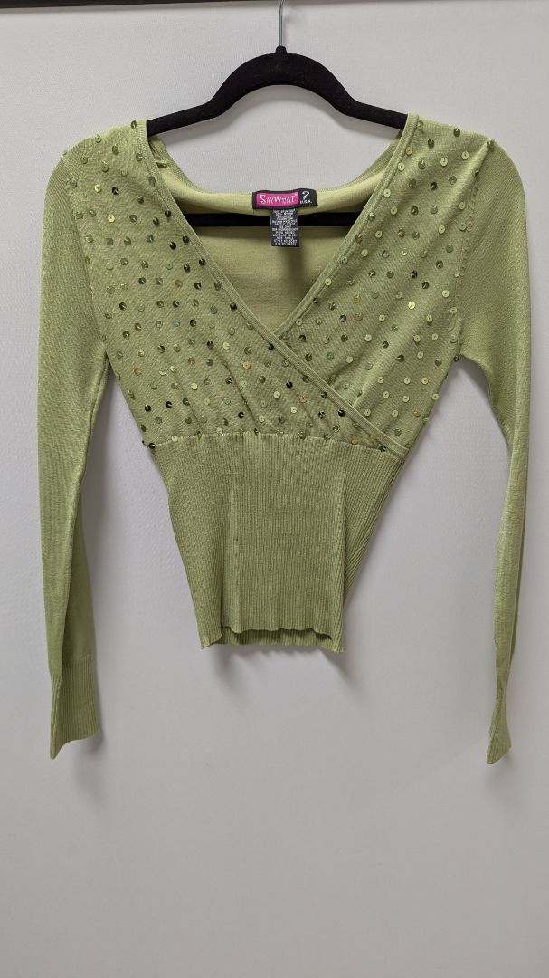 Say What? Green Y2K Sequin Silk-Blend Sweater