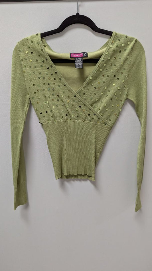Say What? Green Y2K Sequin Silk-Blend Sweater
