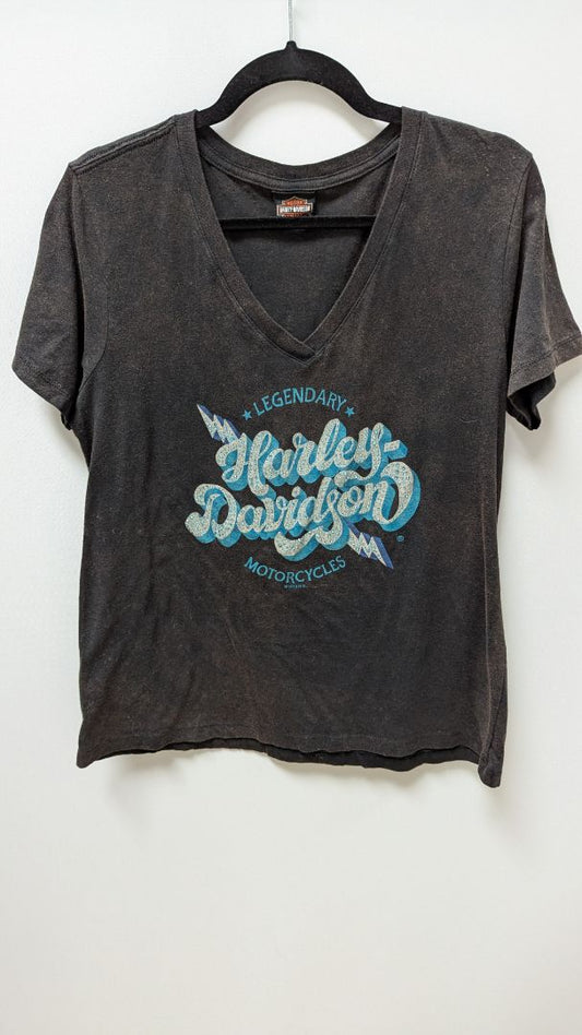 Harley Davidson Black Bleach Dyed Sequin Graphic Tee