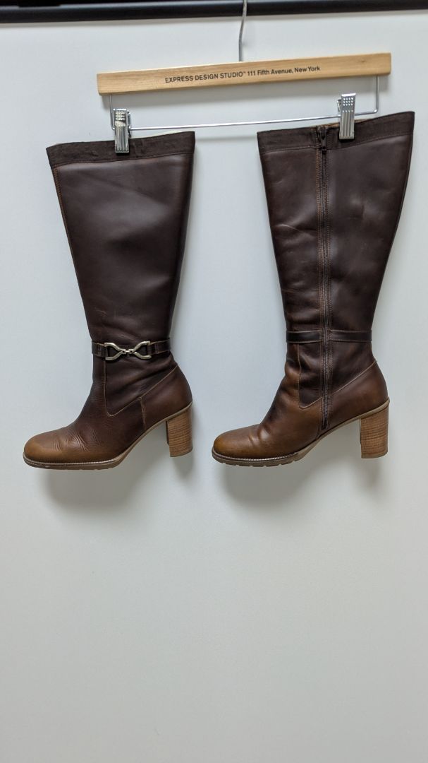 Bass Dark Brown Leather Heeled Knee-High Boots