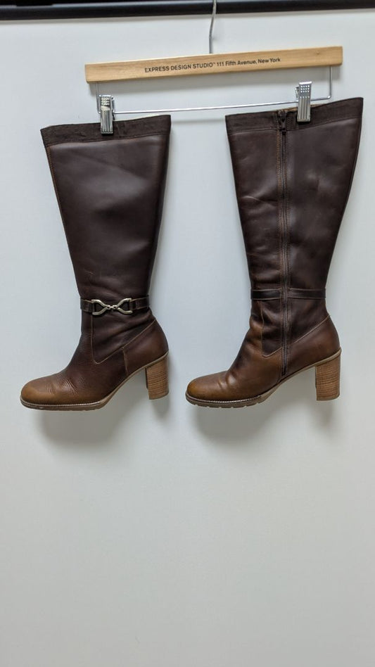 Bass Dark Brown Leather Heeled Knee-High Boots