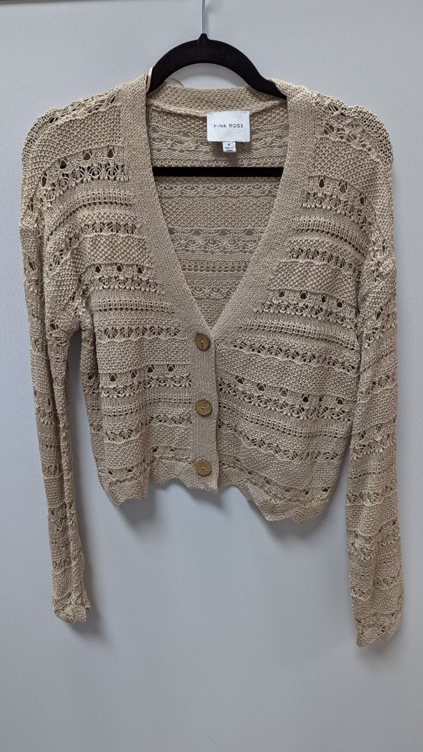 Pink Rose Tan Crochet Knit Cropped Cardigan