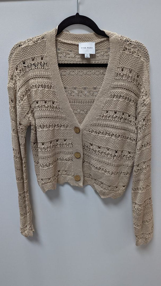 Pink Rose Tan Crochet Knit Cropped Cardigan