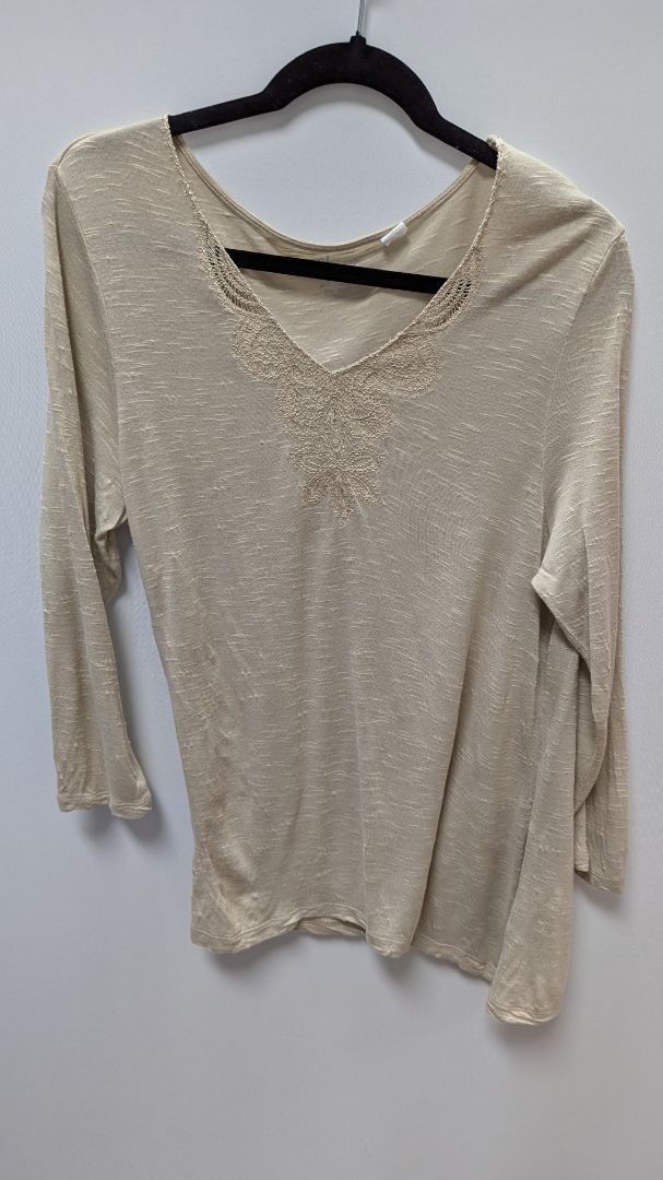 by Chico's Tan Embroidered Neckline Sheer Blouse