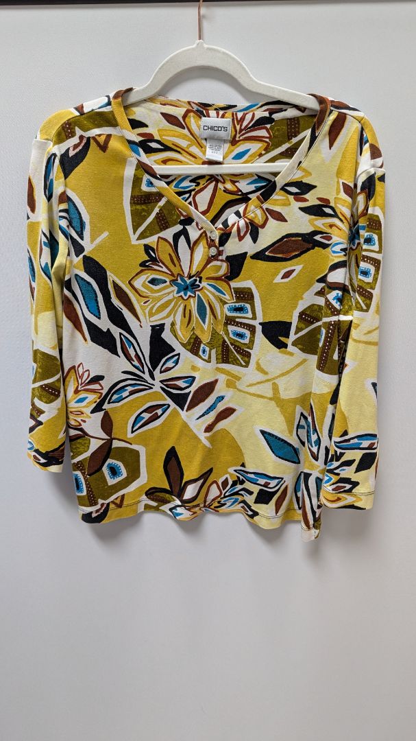 Chico's Yellow Printed 3/4 Sleeve Tee