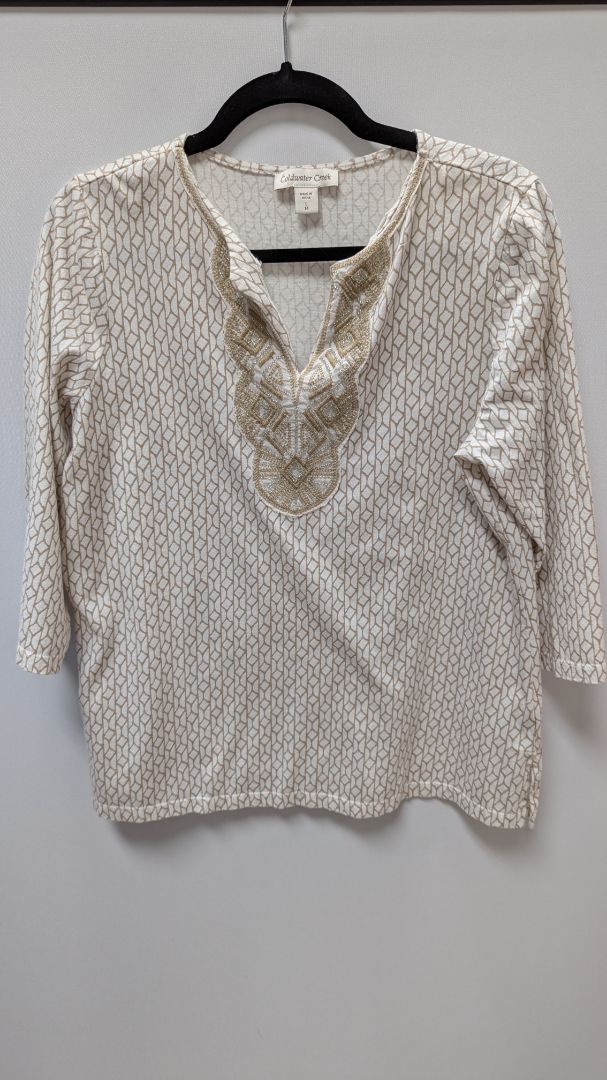 Coldwater Creek Ivory/Tan Embroidered Neck Tee